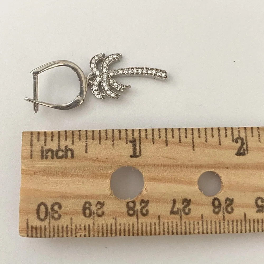 🌴925 Silver palm tree clear cubic zirconia cz stones dangling hoop earrings